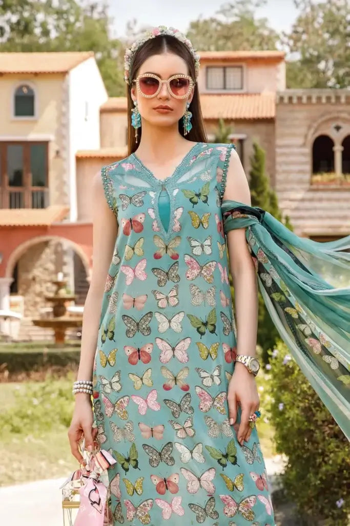 3 Pc Unstitched Embroided Lawn Suit (Digital Printed Silk Dupatta)