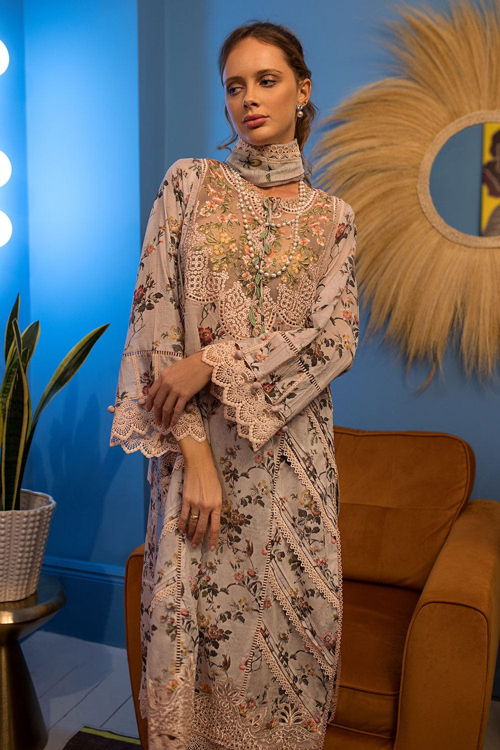 3 Piece - Unstitched Digital Printed Lawn Fabric With Embroided Laces