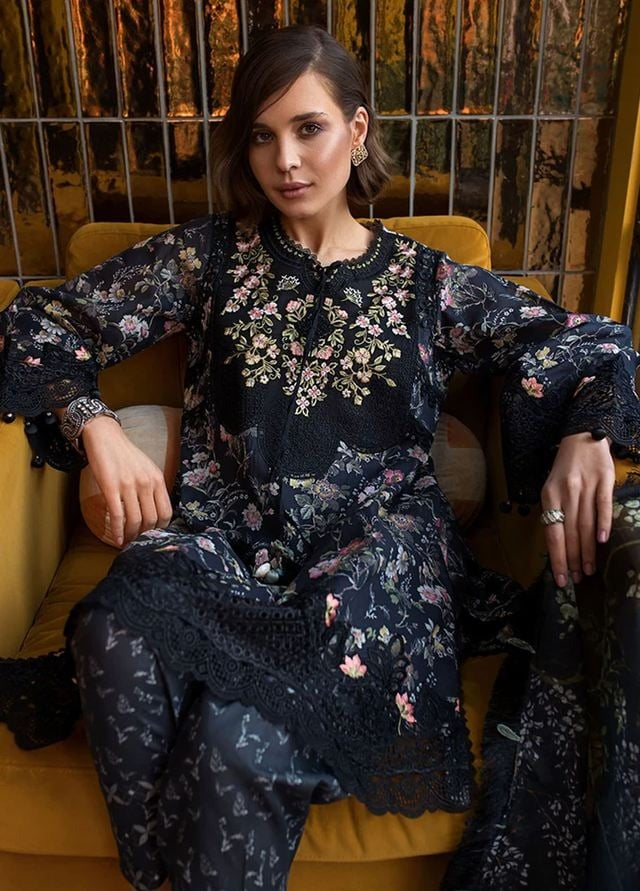 3 Piece - Unstitched Printed Lawn Fabric With Embroided Laces