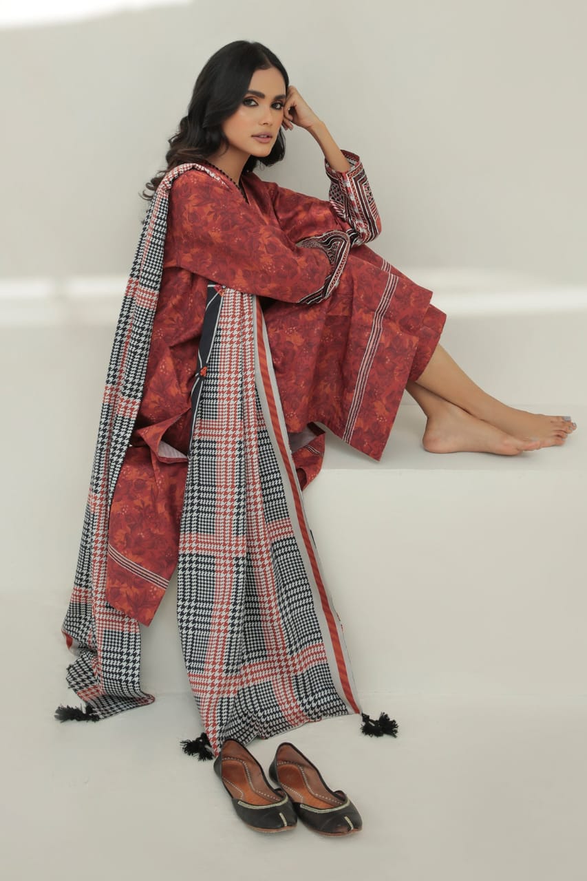 3 Piece - Unstitched Digital Printed Khaddar Fabric With Khaddar Shawl